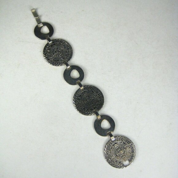 Vintage Sterling Silver Aztec Mayan Calendar Link Bracelet 925 Modern Mexico - Picture 1 of 11